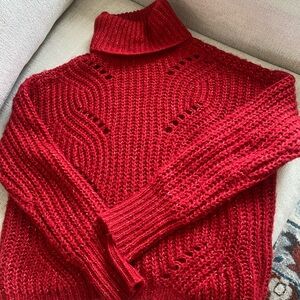Red Turtleneck Open-Knit Women's Sweater